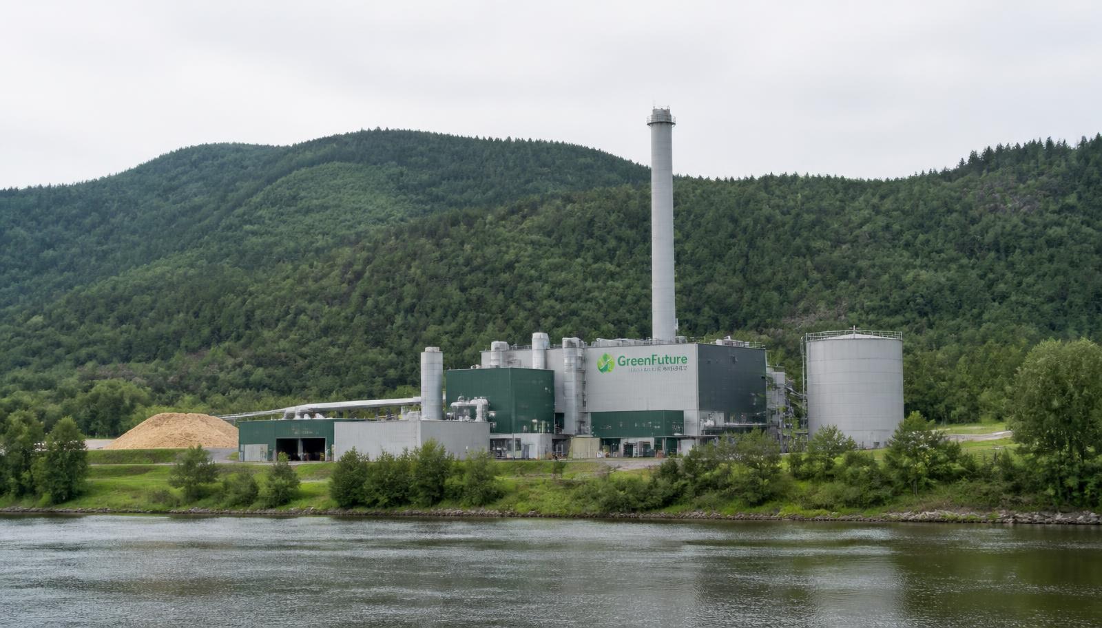 Grüne Werke biomass facility beside a river, forested hills behind